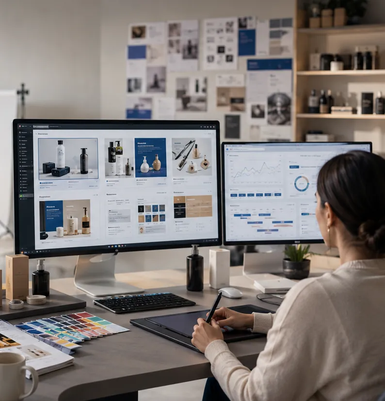 A designer with a pen tablet reviewing product page layouts across two monitors.