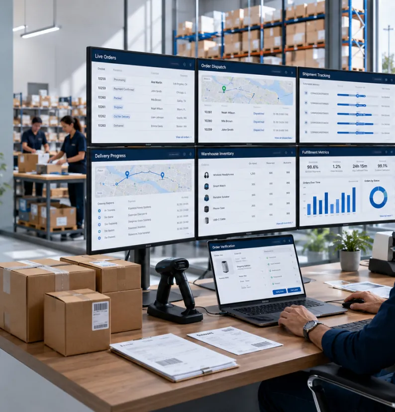 A fulfilment office with parcels, a scanner and order dashboards.